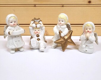 Noel Grandeur Angels Lot 4 Small Ceramic Hand Painted White Gold Vintage Musical