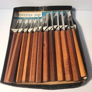 Hostess Set 6 Forks 6 Spreaders Stainless Walnut Hors D'Oeuvres Appetizer USA