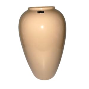 May include: A beige ceramic vase with a glossy finish. The vase has a rounded body that tapers towards the base and a slightly flared opening. A small black label is affixed near the top. The vase is a decorative home decor item.