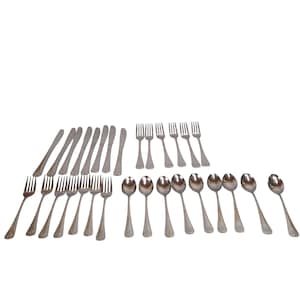 May include: A set of stainless steel cutlery, including forks, knives, and spoons, displayed on a white surface. The cutlery features a simple, elegant design, suitable for formal dining. The set includes various sizes of forks, knives, and spoons.