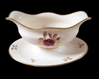 Lenox Vintage  Rhodora Fine China Gravy Bowl Attached Plate P471 Pink Rose Gold Leaf