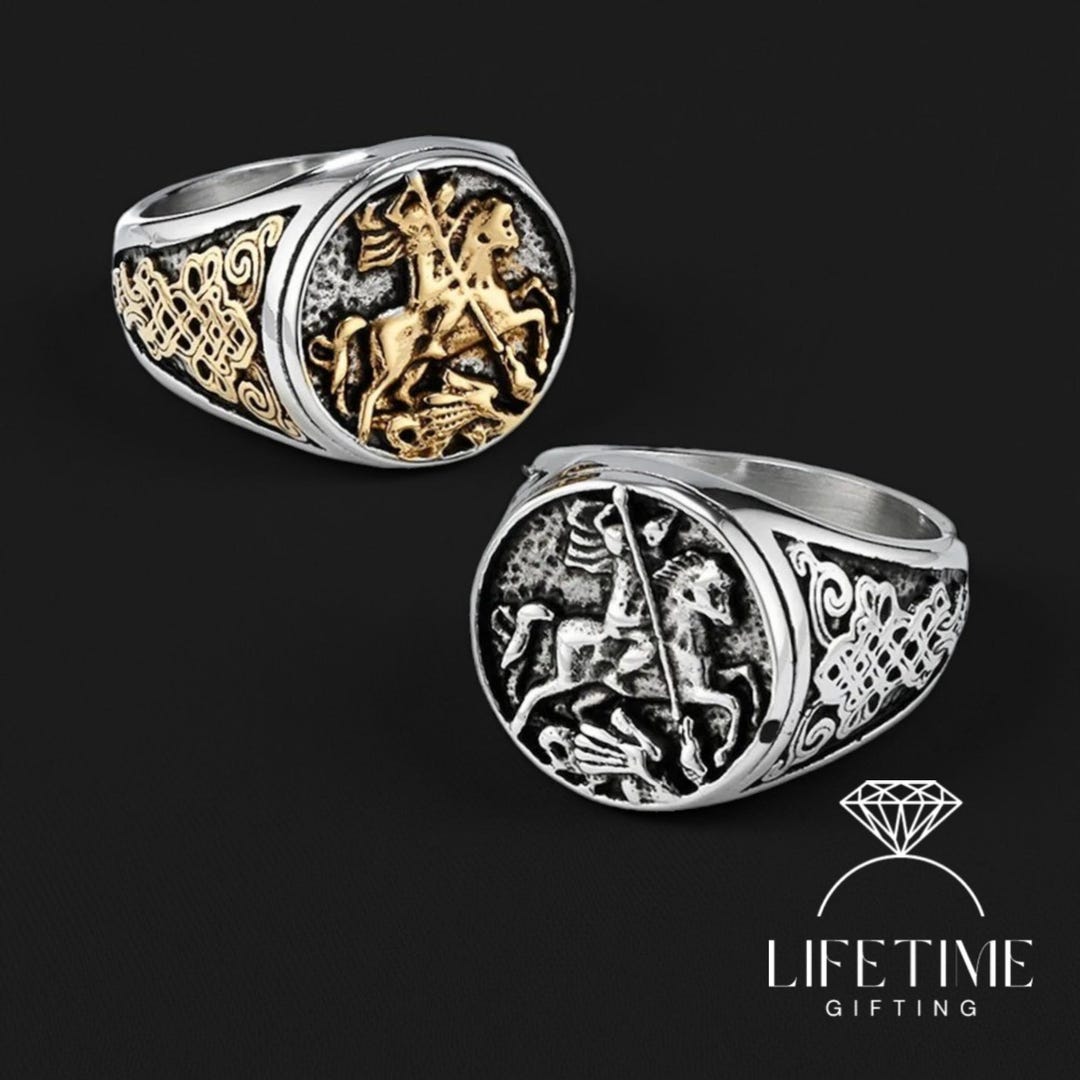 Mens Silver Knight Signet Ring | Knight in Armour Horse Ring | Floral ...