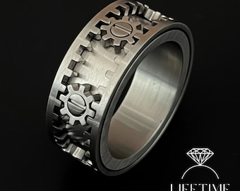 Roestvrijstalen roterende tandwielring | Ring voor heren | Industriële spinner-fidgetband | Cadeau autoliefhebber | Mechanische geïnspireerde sieraden