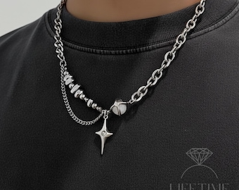 Collier oeil de chat étoile argenté en acier inoxydable | Collier streetwear de style gothique | Collier style croix | Collier de l'an 2000 | Collier de perles