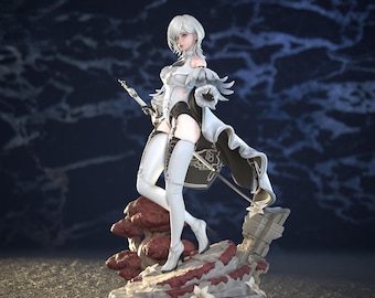 May include: A detailed figurine of a female character in a white and black outfit, holding a staff. The figure stands on a rocky base with red and white accents. The character has short white hair and is posed in a dynamic stance.