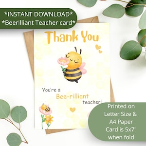 Cartão de agradecimento para professores Bee-rilliant | Impressão digital de abelha fofa | Agradecimento ao professor | Download instantâneo | Presente de fim de ano letivo