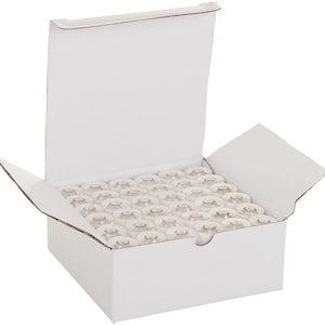 May include: A white cardboard box with the top open, revealing a full box of clear plastic bobbins.