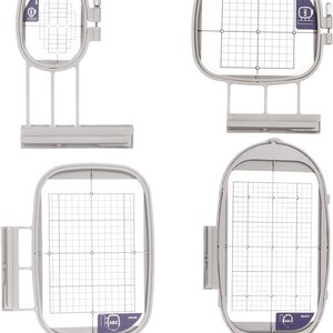 May include: Four embroidery hoops with different sizes and shapes. The hoops are made of white plastic and have a grid pattern on the inside. The hoops are labeled with the letters "ABC" and the numbers "5A419" and "5A420".