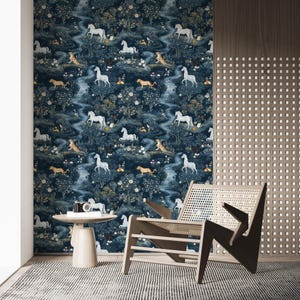 Carta da parati murale con unicorno della foresta incantata, stacca e attacca – Decorazione murale rimovibile con cascata fantasy per soggiorno e camera da letto per bambini