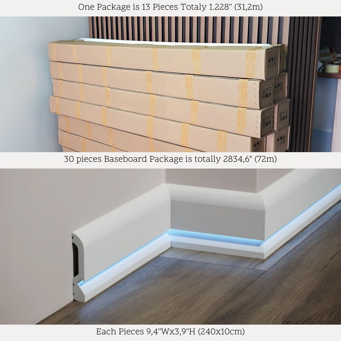 Baseboard Channels Baseboard Molding With LED Channel – 240x10 Cm (94.4'' X 3.9'') White ...