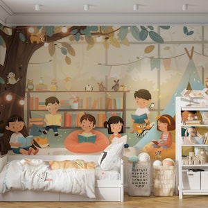 Carta da parati Whimsical Kids Reading Library con accogliente biblioteca sull'albero, sala lettura Teepee, luce fatata ambientale e tana di libri incantata