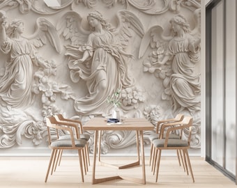 3D Statue Peel and Stick Angel Wallpaper - Removable Marble Bas-Relief Design for Living Room, Bedroom and Office Decor