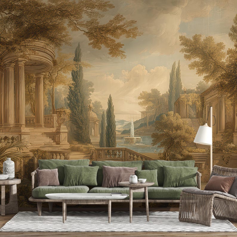 Antique Landscape Wallpaper, Vintage Greek Scene Wall Mural, Classical Forest Landscape Mural for Elegant Wall Decor