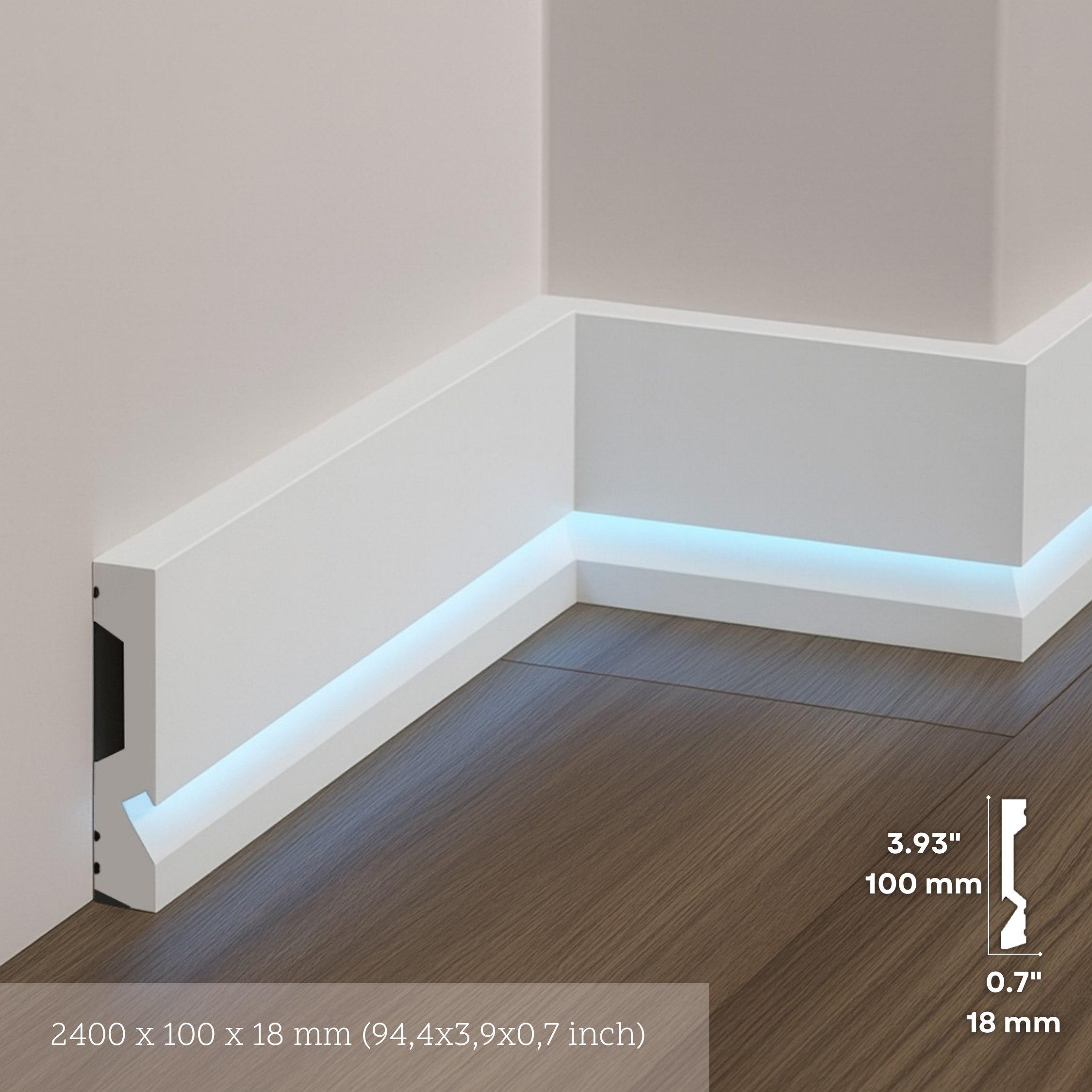 Led Recessed Baseboard White LED Baseboard Molding – 240x10 Cm (94'' X 3.9'') Paintable Floor ...