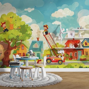 Brandweerman muurschildering voor kinderkamers met levendige brandweerwagen cartoon helden die kitten redden, verwijderbaar verwijderbaar behangdecor
