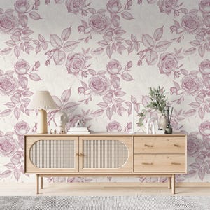 Vintage Pink Rose Sketch Peel and Stick Wallpaper Mural – Hand-Drawn Floral Vine Wall Décor for Bedroom, Living Room, Cottage Chic Accent