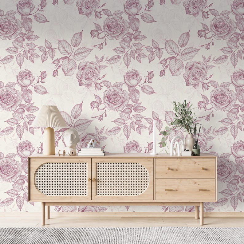 Vintage Pink Rose Sketch Peel and Stick Wallpaper Mural – Hand-Drawn Floral Vine Wall Décor for Bedroom, Living Room, Cottage Chic Accent