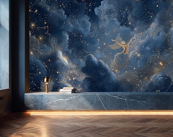 Deep Blue Celestial Night Nyx Goddess Wallpaper: Starry Constellation Wall Mural