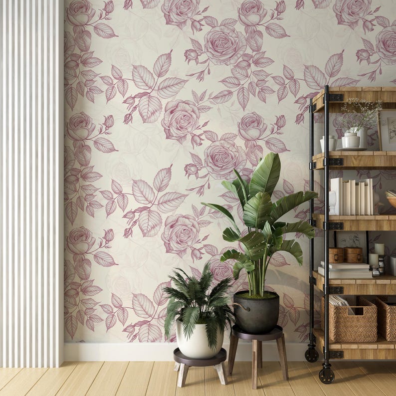 Vintage Pink Rose Sketch Peel and Stick Wallpaper Mural – Hand-Drawn Floral Vine Wall Décor for Bedroom, Living Room, Cottage Chic Accent