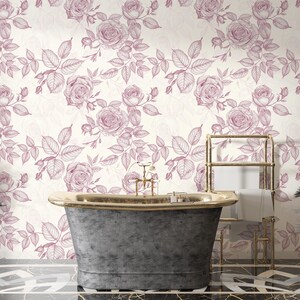 Vintage Pink Rose Sketch Peel and Stick Wallpaper Mural – Hand-Drawn Floral Vine Wall Décor for Bedroom, Living Room, Cottage Chic Accent