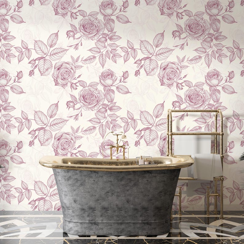 Vintage Pink Rose Sketch Peel and Stick Wallpaper Mural – Hand-Drawn Floral Vine Wall Décor for Bedroom, Living Room, Cottage Chic Accent