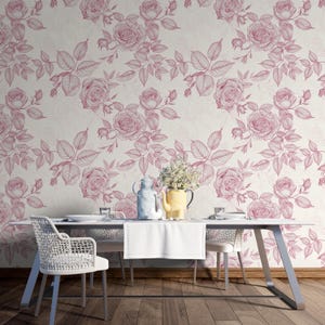 Vintage Pink Rose Sketch Peel and Stick Wallpaper Mural – Hand-Drawn Floral Vine Wall Décor for Bedroom, Living Room, Cottage Chic Accent