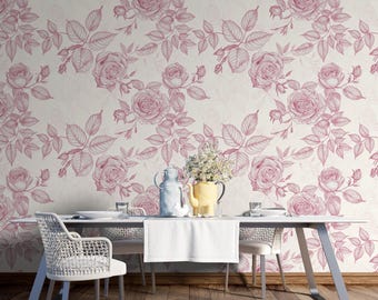 Vintage Rose Wallpaper, Dusty Rose Line Art Floral with Leaves and Buds, Hand-Drawn Engraving Style Warm Cream Wall Mural, Diagonal Repeat