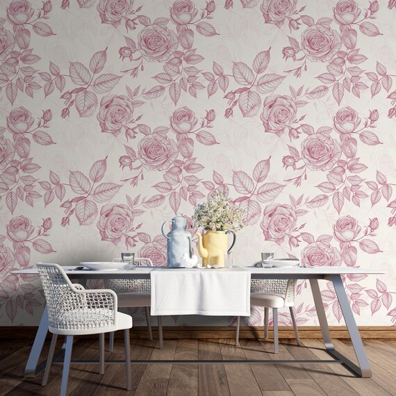 Vintage Rose Wallpaper, Dusty Rose Line Art Floral with Leaves and Buds, Hand-Drawn Engraving Style Warm Cream Wall Mural, Diagonal Repeat