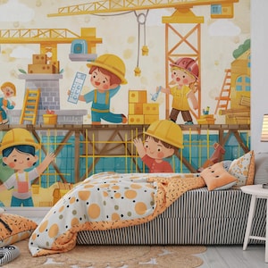 May include: A children's bedroom scene featuring a construction theme. The wall mural depicts cartoon children wearing hard hats and working on a construction site with cranes and building materials. The bed has a striped comforter and decorative pillows.