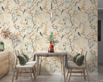 Chinoiserie Wallpaper, Cherry Blossom Mural with Birds and Flowers, Japanese Nature Scene, Chinese Blossom Tree, Stick Neutral Flower Mural