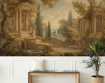 May include: A sepia-toned mural depicting a classical landscape with architectural elements, including columns, stairs, and a fountain. The scene evokes a sense of antiquity and tranquility, with trees and foliage adding depth. The mural is mounted on a white paneled wall.