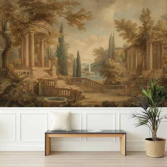 Antique Landscape Wallpaper, Vintage Greek Scene Wall Mural, Classical Forest Landscape Mural for Elegant Wall Decor