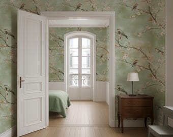 Cherry Blossom Wallpaper, Chinoiserie Birds and Flowers Mural, Asian Bird Wallpaper, Chinese Blossom Tree, Japanese Nature Mural