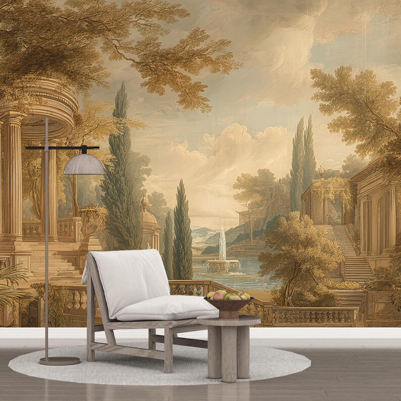 Antique Landscape Wallpaper, Vintage Greek Scene Wall Mural, Classical Forest Landscape Mural for Elegant Wall Decor