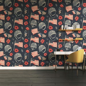 Carta da parati adesiva con bandiera americana e papaveri per il Memorial Day - Carta da parati murale rimovibile con casco militare tributo ai veterani per un arredamento patriottico.