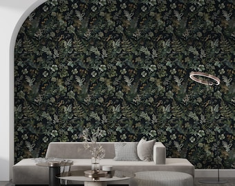 Dark Green Wallpaper, Moody Botanical Forest, Nature Greenery Meadow Botanical, Peel and Stick Removable Wall Mural