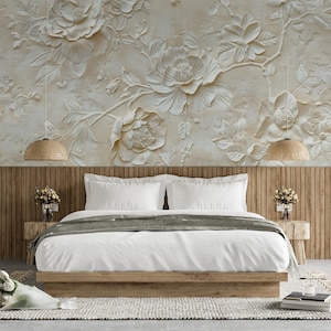 3D White Rose Wallpaper – Removable Textured Botanicals Mural for Living Room, Bedroom and Office Decor - Peel & Stick White Rose Wallpaper