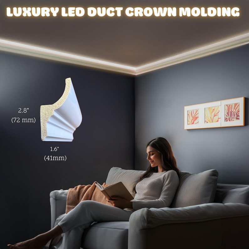 Crown Molding with LED Duct 240x7.2 cm (94.4'' x 2.8'') White Cornice Trim, Decorative Ceiling Moulding for Lowes & Home Decor