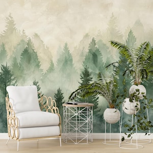 Papier peint autocollant Forêt brumeuse - Paysage de forêt verte amovible pour décoration de salon, de chambre et de bureau