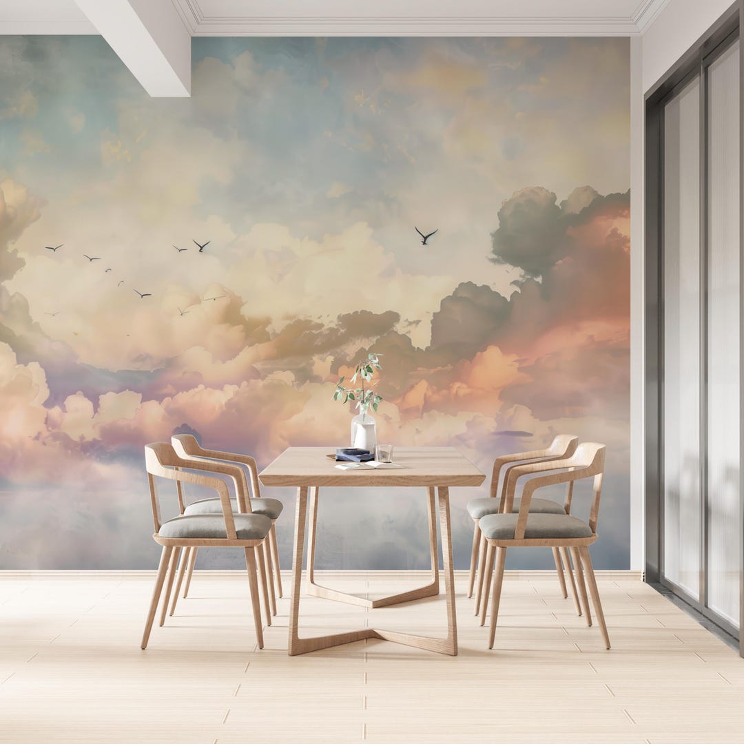Tranquil Pastel Sky With Birds Peel and Stick Wallpaper – Soft ...