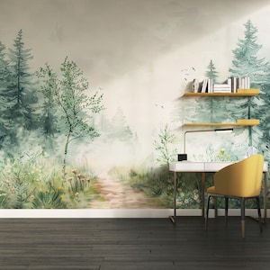 Puede incluir: Un interior sereno con un mural de bosque. Un escritorio blanco con una lámpara dorada y una silla amarilla frente al mural. Dos estantes de madera sostienen libros. El suelo es de madera oscura, creando un ambiente tranquilo.