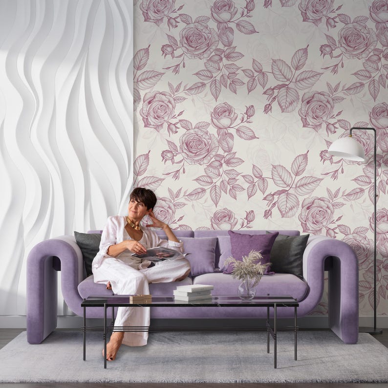 Vintage Pink Rose Sketch Peel and Stick Wallpaper Mural – Hand-Drawn Floral Vine Wall Décor for Bedroom, Living Room, Cottage Chic Accent