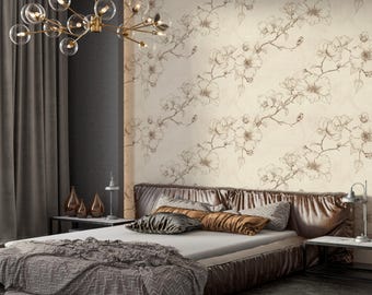 Hand Drawn Floral Wallpaper Pattern Featuring Delicate Botanical Line Art and Whimsical Plant Illustrations in Monochrome Beige Tones