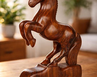 Hand Carved Wooden Horse Statue: Rustic Home Decor
