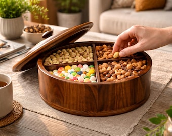 Handcrafted Wooden Dry Fruit Box | Round Nut Serving Tray with Lid | Sheesham Wood Gift Box | Eid Ramadan Housewarming Gift