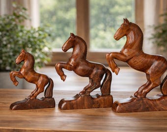 Hand-Carved Wooden Horse Statues - Rustic Home Decor - Set of 3
