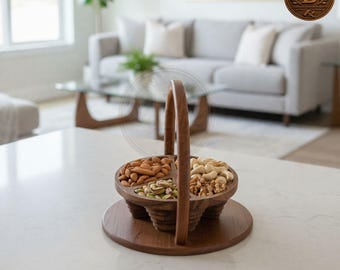 Wooden Nut Serving Basket with Folding Lid | Handmade Walnut Dry Fruit Tray, 4 Compartment Snack Bowl, Housewarming Gift, Table Décor