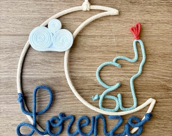 Fiocco nascita personalizzato in tricotin LUNA - Decorazione cameretta neonato - colore nome ed elefante personalizzato spedizione gratuita