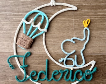 Fiocco nascita personalizzato tricotin- LUNA ELEFANTE MONGOLFIERA Decorazione cameretta  - Regalo baby shower - colore nome personalizzabile