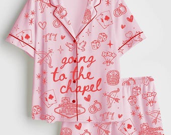 Women’s Las Vegas Chapel Coquette Bachelorette Satin Pajama Set, Bride Just Engaged Short Sleeve PJs, Bridal Shower & Party Gift